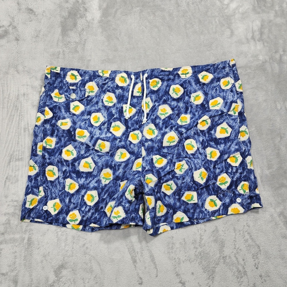 Vintage Faconnable Swim Trunks Men L Blue Floral Lemon Print Lined Pockets Beach